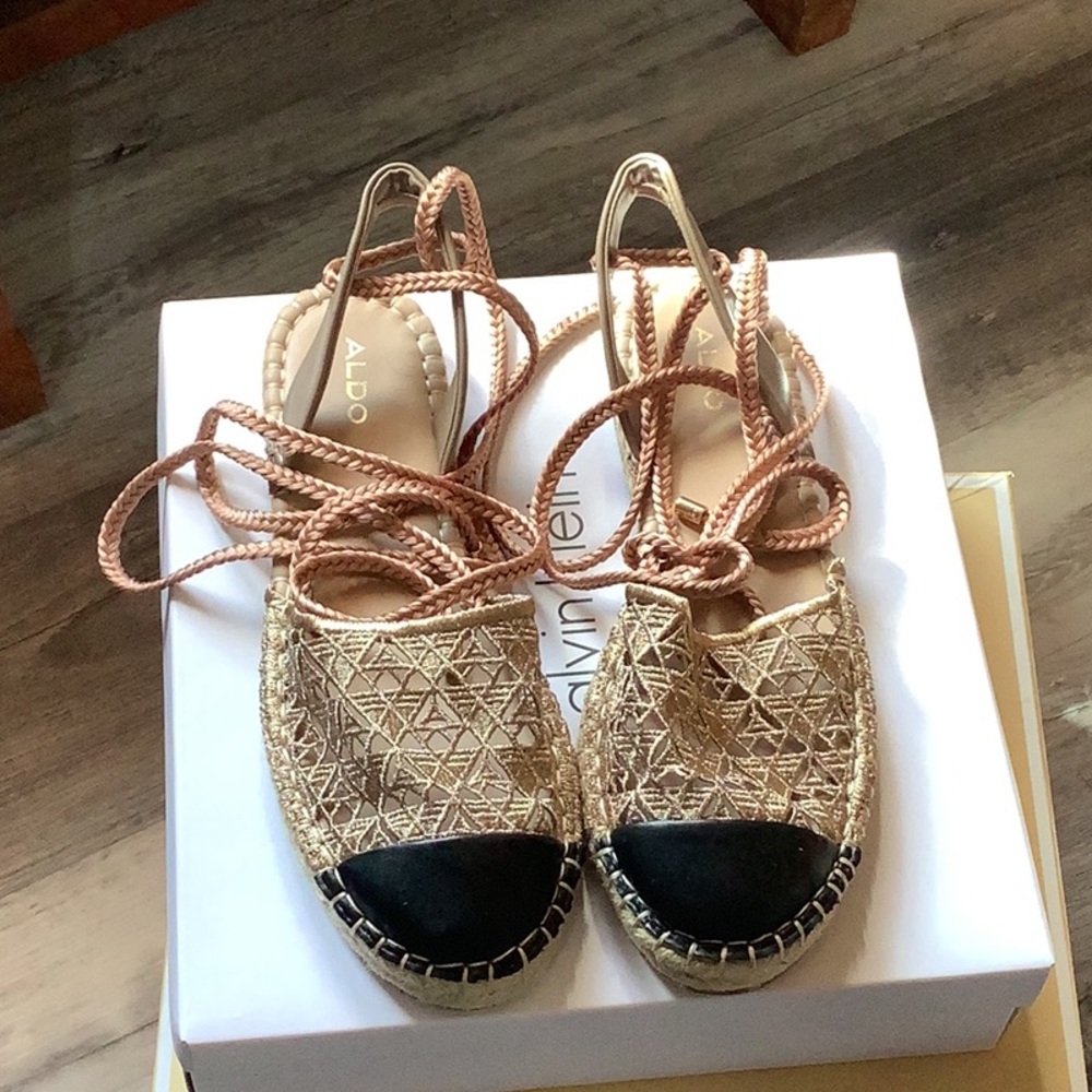 Aldo Metallic Gold and Black Espadrille Flats